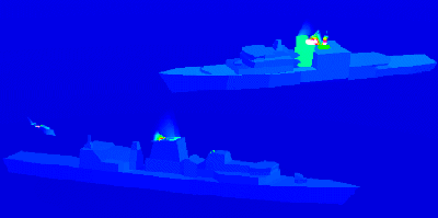 Simulierte IR-Signatur zweier Schiffe und eines Helikopters